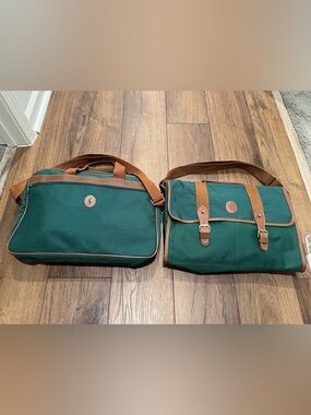 VTG Polo Ralph Lauren 2pc Travel Bag Set Green Canvas Duffle Messenger Pony Logo